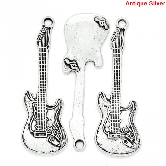 Immagine di Lega di Zinco Charm Ciondoli Chitarra Argento Antico Nulla Disegno 5.5cm x 18.0mm, 10 Pz