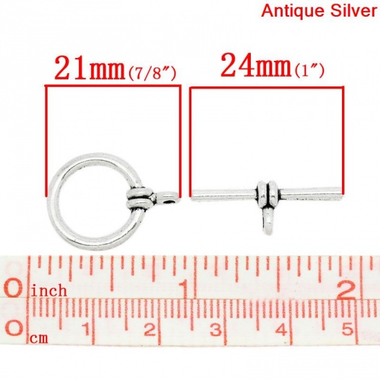 Picture of Zinc Based Alloy Toggle Clasps Round Antique Silver 21mm x 16mm 24mm x 8mm, 30 Sets