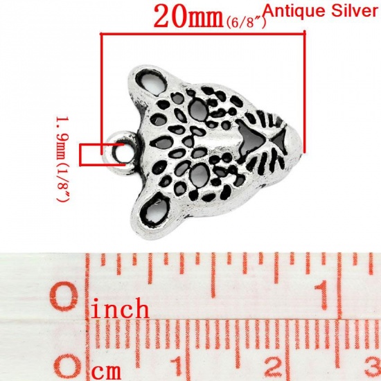 Picture of Zinc Metal Alloy Charm Pendants Leopard Head Animal Antique Silver Hollow 20mm x 18mm(6/8"x 6/8"), 50 PCs
