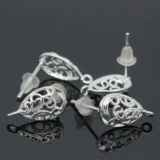 Picture of Brass Ear Post Stud Earrings Findings Teardrop Silver Plated Flower Hollow Carved W/ Loop 15mm( 5/8") x 13mm( 4/8"), Post/ Wire Size: (20 gauge), 10 PCs                                                                                                      