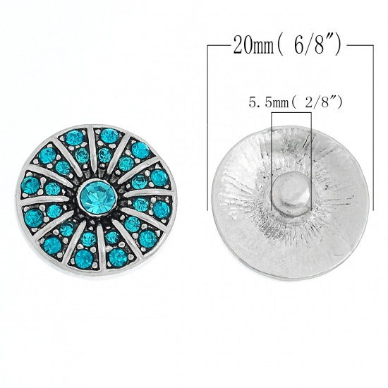 Picture of 20mm Zinc Metal Alloy Snap Buttons Round Antique Silver SunFlower Carved Blue Rhinestone Fit Snap Button Bracelets, Knob Size: 5.5mm( 2/8"), 1 Piece