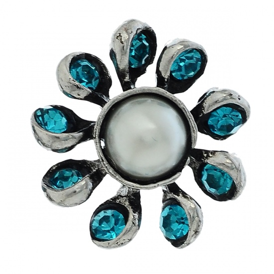Image de Bouton Pression Cabochon en Acrylique Forme Fleur Argent Vieilli Incrusté perles acryliques avec Strass Bleu pour Bracelet Bouton Pression Dia. 27mm, Taille de Poignée: 5.5mm, 1 Pièce