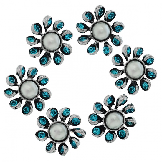 Image de Bouton Pression Cabochon en Acrylique Forme Fleur Argent Vieilli Incrusté perles acryliques avec Strass Bleu pour Bracelet Bouton Pression Dia. 27mm, Taille de Poignée: 5.5mm, 1 Pièce