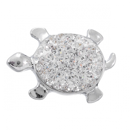 Picture of Ocean Jewelry Alloy Snap Buttons Tortoise Silver Tone Clear Rhinestone Fit Snap Button Bracelets 25mm(1") x 17mm( 5/8"), Knob Size: 5.5mm( 2/8"), 1 Piece