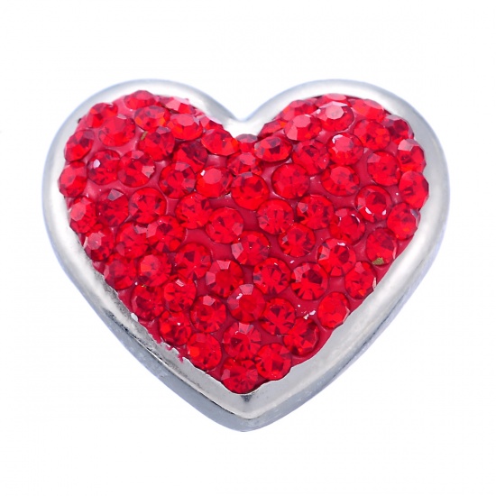 Picture of Alloy Snap Buttons Heart Silver Tone Red Rhinestone Fit Snap Button Bracelets 23mm( 7/8") x 21mm( 7/8"), Knob Size: 5.5mm( 2/8"), 1 Piece
