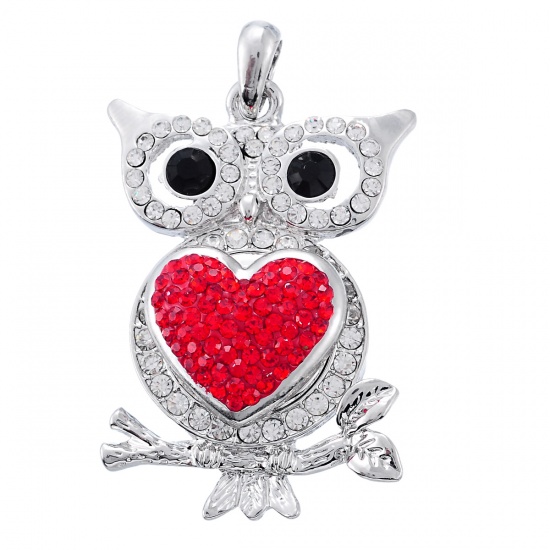 Picture of Alloy Snap Buttons Heart Silver Tone Red Rhinestone Fit Snap Button Bracelets 23mm( 7/8") x 21mm( 7/8"), Knob Size: 5.5mm( 2/8"), 1 Piece