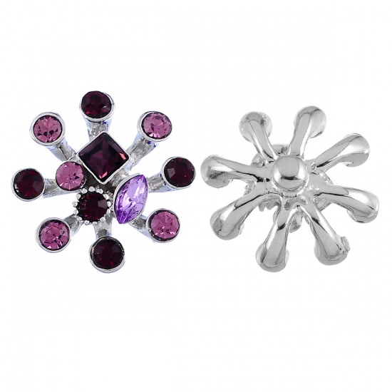 Picture of Alloy Snap Buttons Dandelion Silver Tone Purple Rhinestone Fit Snap Button Bracelets 26mm(1") x 26mm(1"), Knob Size: 5.5mm( 2/8"), 1 Piece