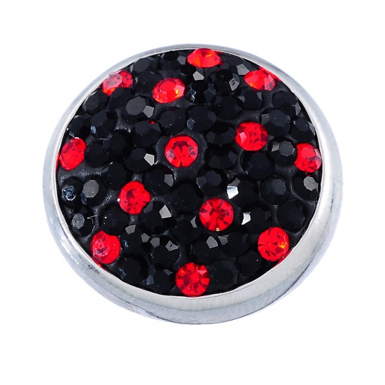 Imagen de Aleación Snap Joyería Botón Ajuste a Pulseras Ronda Tono de Plata Negro & Rojo Rhinestone 20mm Diámetro, tamaño de perilla: 5.5mm , 1 Unidad