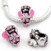 Picture of Zinc Based Alloy European Style Large Hole Charm Beads Antique Silver Color Pink Doll Flower Enamel Clear Rhinestone 15mm x 12mm, Hole: Approx 5mm, 10 PCs