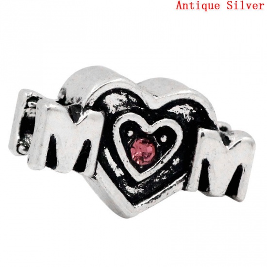 Picture of Zinc Based Alloy Mother's Day European Style Large Hole Charm Beads Antique Silver Color Heart Message " Mom " Pink Rhinestone 19mm x 11mm, Hole: Approx 4.5mm, 1 Piece