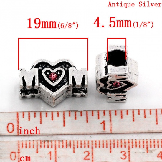 Picture of Zinc Based Alloy Mother's Day European Style Large Hole Charm Beads Antique Silver Color Heart Message " Mom " Pink Rhinestone 19mm x 11mm, Hole: Approx 4.5mm, 1 Piece