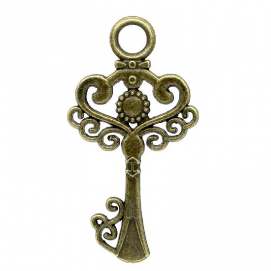 Picture of 7 PCs Zinc Based Alloy Pendants Antique Bronze Key Carved Pattern Hollow 3.3cm x 1.7cm