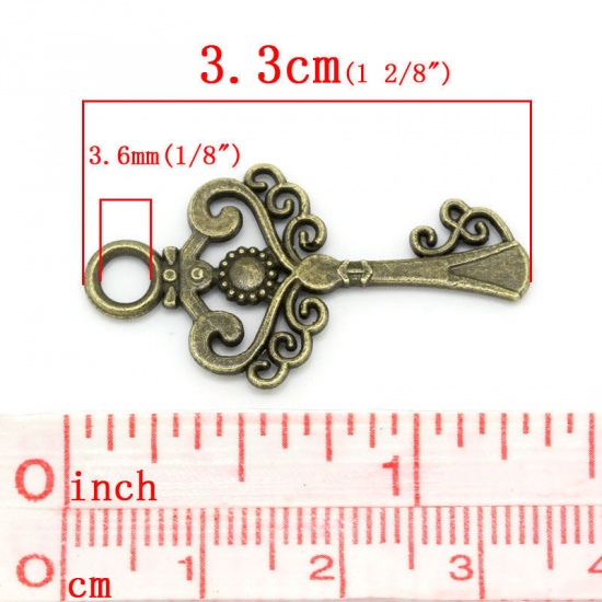 Picture of 7 PCs Zinc Based Alloy Pendants Antique Bronze Key Carved Pattern Hollow 3.3cm x 1.7cm
