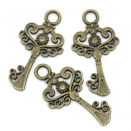 Picture of 7 PCs Zinc Based Alloy Pendants Antique Bronze Key Carved Pattern Hollow 3.3cm x 1.7cm