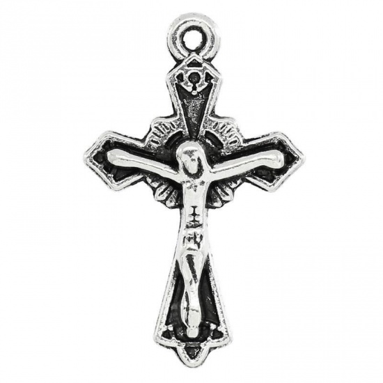 Picture of Charm Pendants Cross Antique Silver Jesus Carved 23x15mm,50PCs