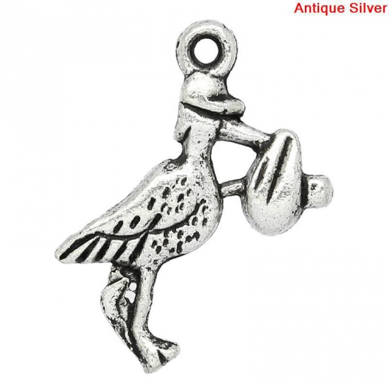 Picture of Zinc Metal Alloy Charm Pendants Stork Carrying Bag Animal Antique Silver 20mm x 15mm(6/8"x 5/8"), 50 PCs