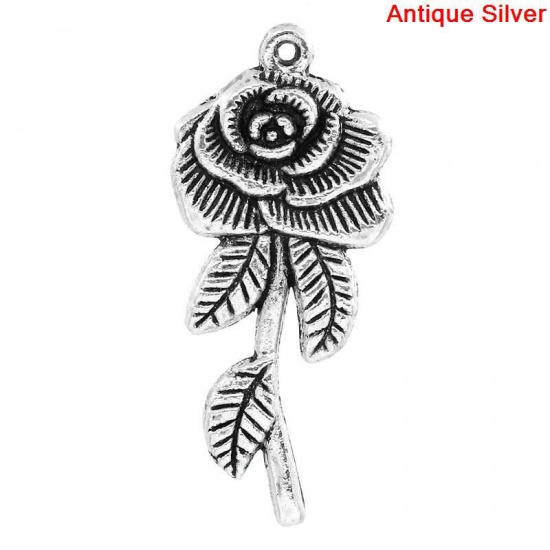 Picture of Charm Pendants Rose Flower Antique Silver 4.5x2cm,20PCs