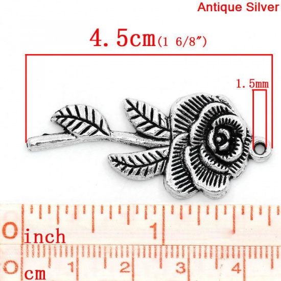 Imagen de Colgantes Aleación del Metal Del Zinc de Flor,Hoja Plata Antigua Rhinestone 4.5cm x 20.0mm, 20 Unidades 