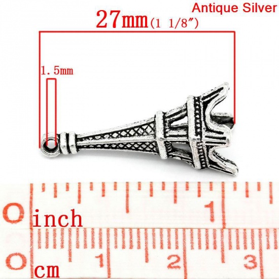 Image de Pendentifs en Alliage de Zinc Voyage 3D Tour Eiffel Rayées Argent Vieilli, 27mm x 10mm, 20 Pcs