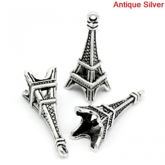 Image de Pendentifs en Alliage de Zinc Voyage 3D Tour Eiffel Rayées Argent Vieilli, 27mm x 10mm, 20 Pcs