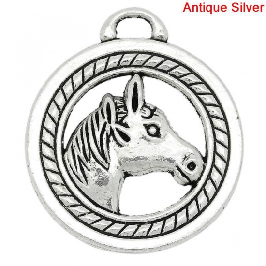 Image de Pendentifs en Alliage de Zinc Animal Rond Argent Vieilli Cheval 28mm x 25mm, 10 Pcs