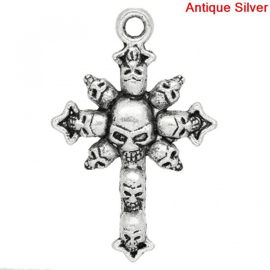 Picture of Zinc Based Alloy Easter Pendants Cross Antique Silver Halloween Skull Carved 43mm(1 6/8") x 28mm(1 1/8"), 10 PCs