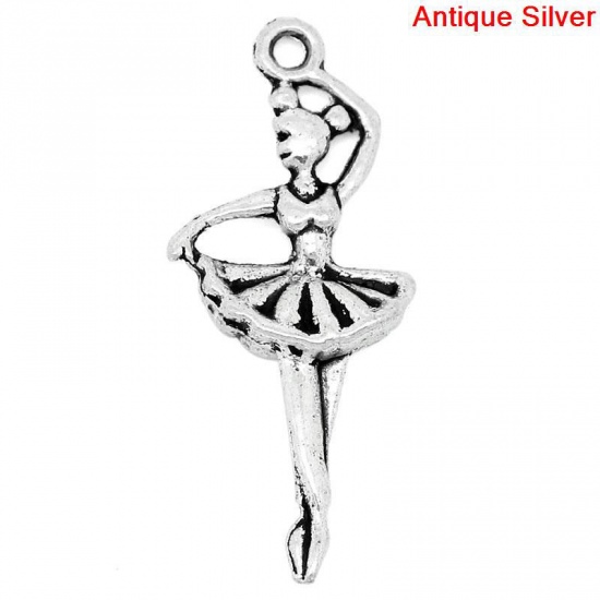 Bild von Zinklegierung Anhänger Ballett Tanzend Mädchen Antik Silber,mit Person Muster, 29mm x 12mm, 50 Stück