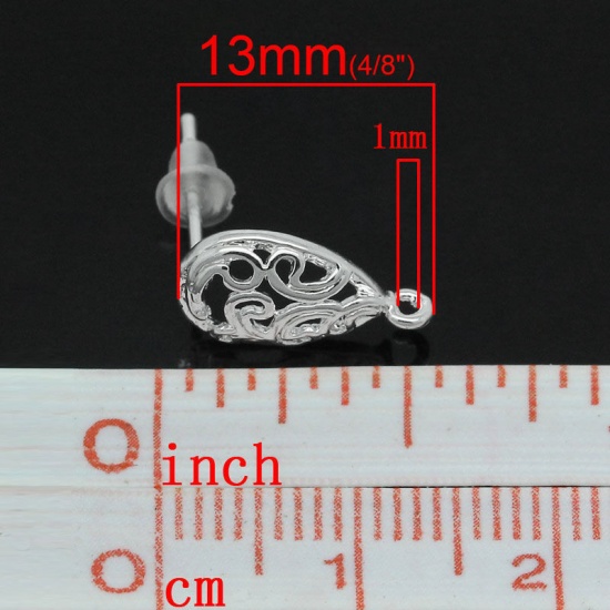 Picture of Brass Ear Post Stud Earrings Findings Teardrop Silver Plated Flower Hollow Carved W/ Loop 15mm( 5/8") x 13mm( 4/8"), Post/ Wire Size: (20 gauge), 10 PCs                                                                                                      