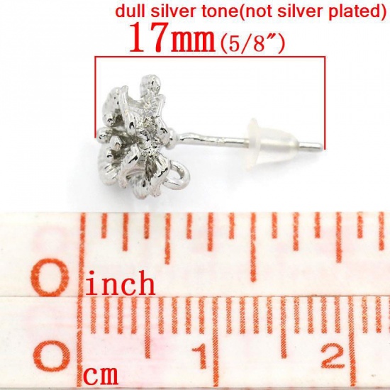 Imagen de Pendientes del perno prisionero Latón de Flor,Tono de Plata 17mm x 10mm, 10 Unidades