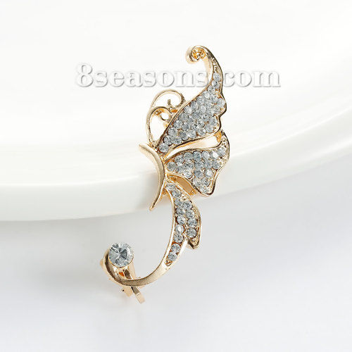 Picture of New Fashion Ear Cuff Clip On Stud Wrap Earrings For Left Ear Butterfly Gold Plated Clear Rhinestone 53mm(2 1/8") x 19mm( 6/8"), 1 Piece