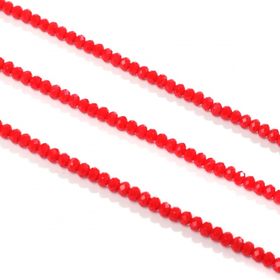 Изображение Кристаллыы ( Синтетический ) Бусины Плоские Круглые Красный Прозрачный Шлифованный Примерно 4мм диаметр, Размер Поры 0.7мм, 47см - 45см длина, 10 Ниток (Примерно 140 - 148 ШТ/Нитка)