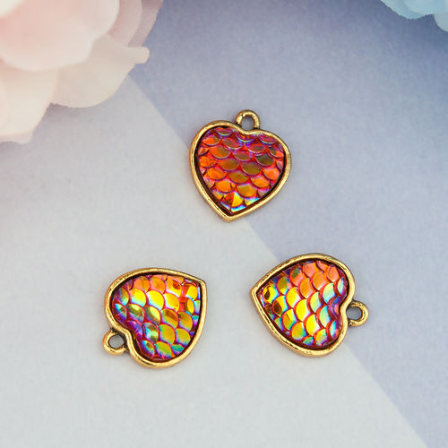 Picture of Zinc Based Alloy & Resin Mermaid Fish/ Dragon Scale Charms Heart Gold Tone Antique Gold Lake Blue AB Color 16mm( 5/8") x 14mm( 4/8"), 10 PCs