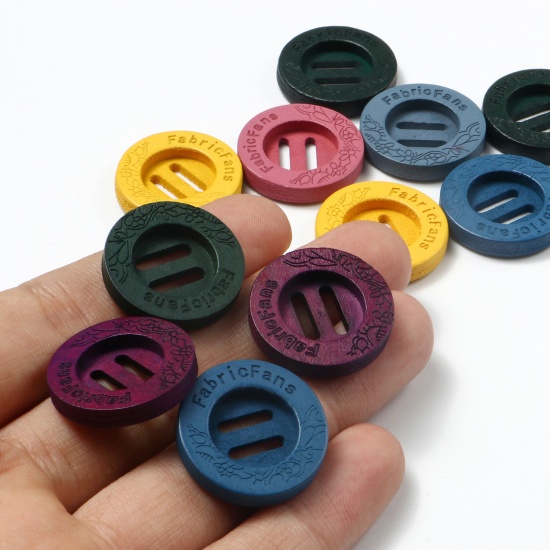 Imagen de Madera Botón de Costura Scrapbooking Dos Agujeros Ronda Al Azar Mensaje " FabricFans " 23mm Dia, 20 Unidades