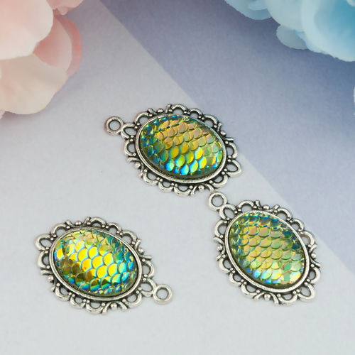 Picture of Zinc Based Alloy & Resin Mermaid Fish/ Dragon Scale Pendants Oval Antique Silver Green AB Color 31mm(1 2/8") x 20mm( 6/8"), 15 PCs