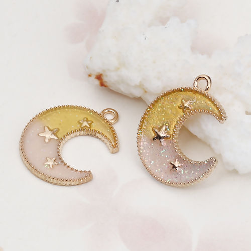 Picture of Zinc Based Alloy Galaxy Charms Half Moon Gold Plated Purple Star Glitter Enamel 23mm( 7/8") x 19mm( 6/8"), 20 PCs