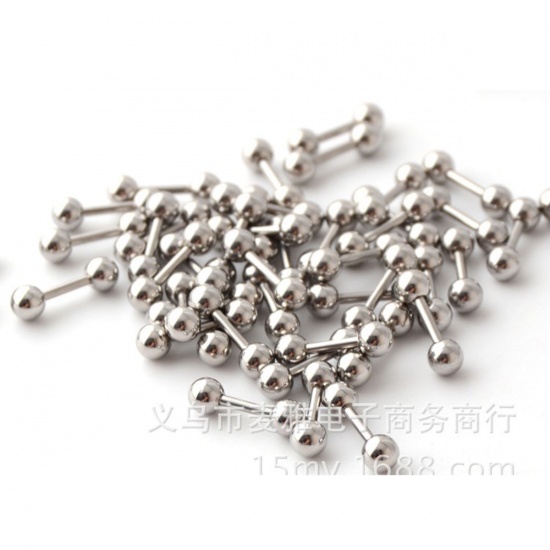 Picture of Titanium Steel Ear Bone Nail Silver Tone Dumbbell 10mm x 2mm, Post/ Wire Size: (17 gauge), 6 PCs