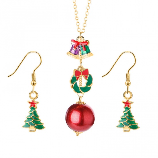 Bild von Schmuck Halskette Ohrringe Set Vergoldet Bunt Weihnachten Weihnachtsbaum Schelle Emaille 50cm lang, 1 Set