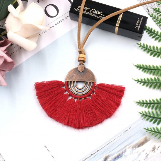 Picture of Boho Chic Sweater Necklace Long Antique Copper Coffee Tassel 78cm(30 6/8") long, 1 Piece
