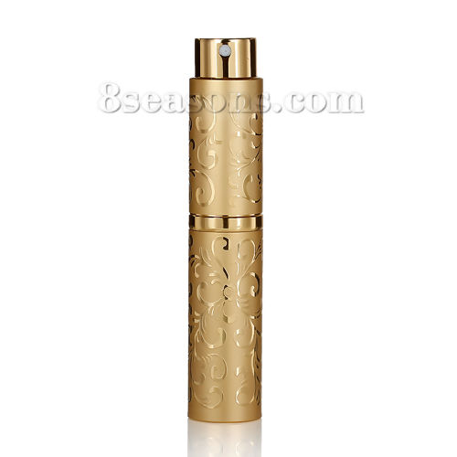Picture of 10ml Glass & Aluminum Lid Make Up Spray Perfume Atomizer Empty Bottle Cosmetic Rotatable Golden Pattern Carved 10.5cm(4 1/8") x 2.3cm( 7/8"), 1 Piece