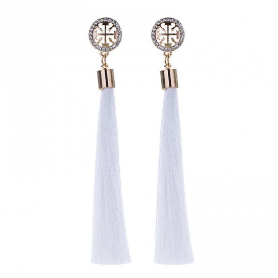 Picture of Tassel Earrings Gold Plated Round Light Blue Rhinestone 11cm x 1.5cm, 1 Pair