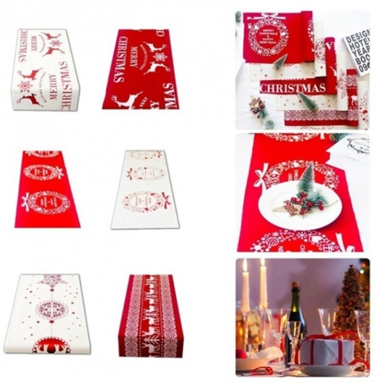 Picture of Cotton & Linen Tablecloth Table Cover White & Red Rectangle Christmas Reindeer