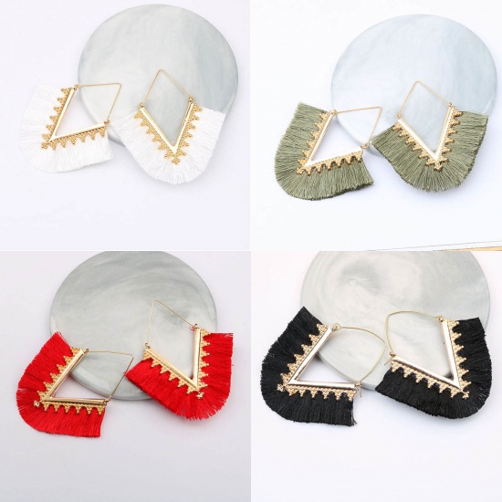 Picture of Hoop Earrings Gold Plated Light Khaki V-shaped Tassel 7cm x 6.3cm, 1 Pair