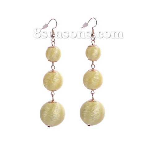 Picture of Acrylic & Cotton Bon Bon Earrings Gold Plated Purple Ball 9cm(3 4/8"), Post/ Wire Size: (21 gauge), 1 Pair