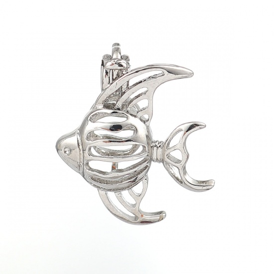 Bild von Kupfer Wunsch Perlenkäfig Schmuck Anhänger Fisch Versilbert Zum Öffnen (Für Perlengröße: 8mm) 24mm x 21mm, 2 Stück