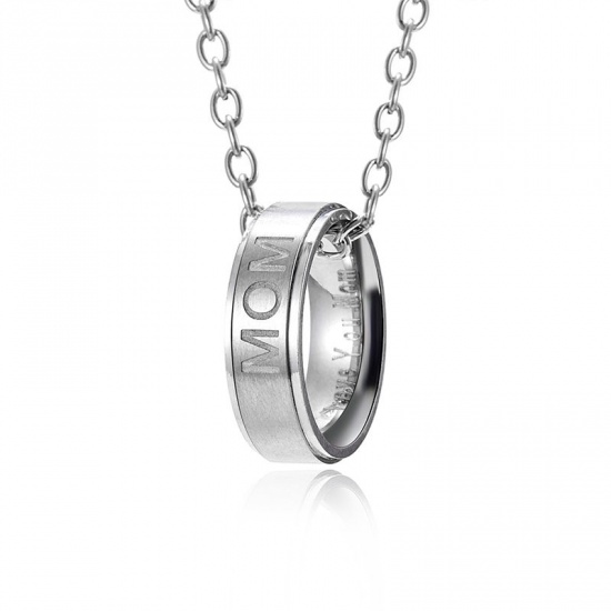 Picture of Titanium Steel Necklace Silver Tone Circle Ring Message " Dad " 50cm(19 5/8") long, 1 Piece