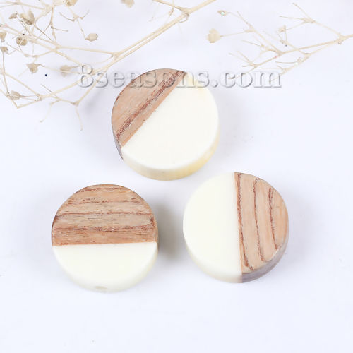 Picture of Wood Effect Resin Spacer Beads Flat Round Off-white & Coffee About 15mm Dia, Hole: Approx 2mm, 2 PCs