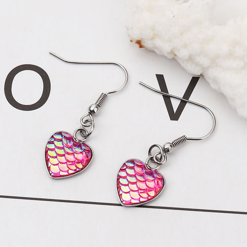 Picture of 304 Stainless Steel & Resin Mermaid Fish/ Dragon Scale Earrings Silver Tone Fuchsia Heart AB Color 39mm(1 4/8") x 13mm( 4/8"), Post/ Wire Size: (21 gauge), 1 Pair”