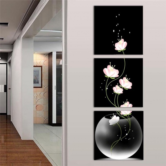 不織布 壁飾り絵画 正方形 黒+ピンク 花 30cm x 30cm, 1 セット （ 3 個/セット) の画像