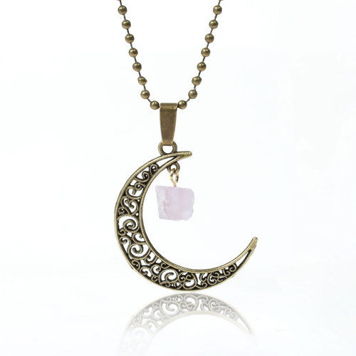 Picture of New Fashion Druzy /Drusy Quartz Crystal Moon Pendant Necklace Ball Chain Flower Hollow Carved