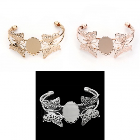 Brass Filigree Stamping Open Cuff Bangles Bracelets Butterfly Cabochon Settings